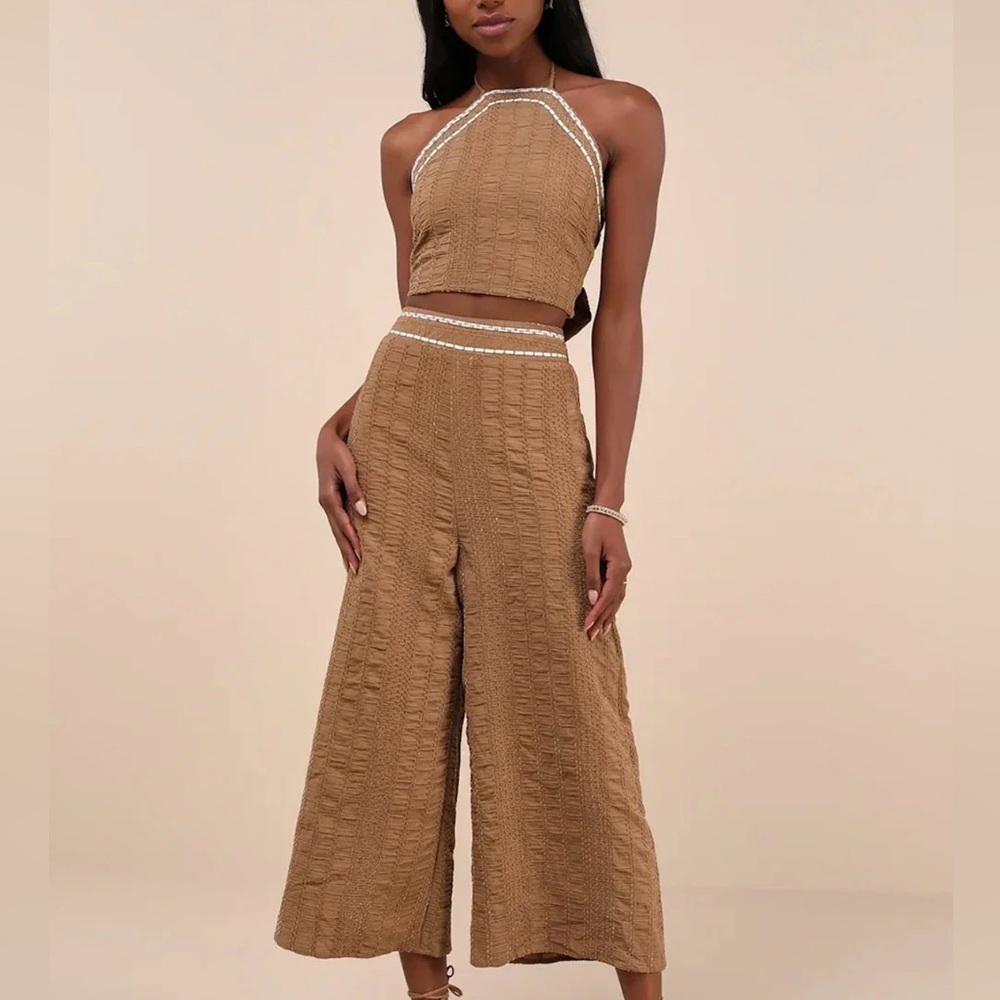 NWT Lulus Brown Textured Velvet Wide-Leg Pants & Halter Top Size S